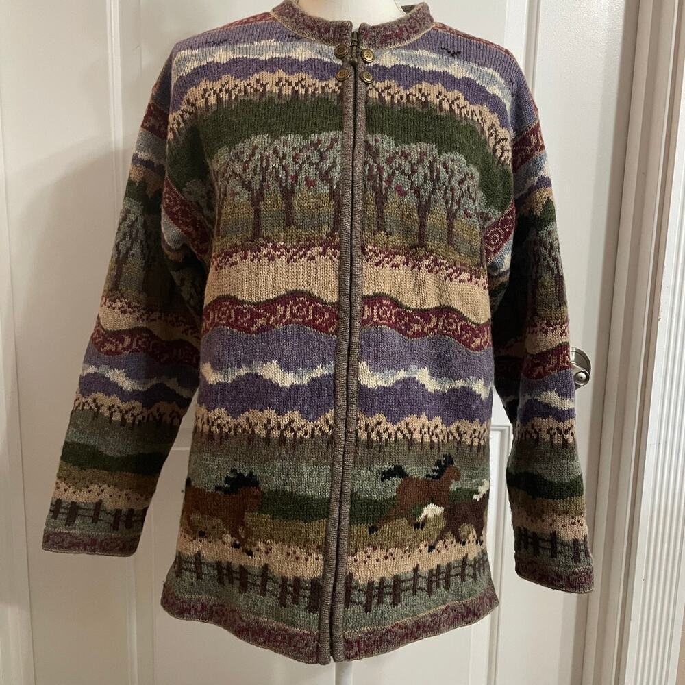 Icelandic Design Cardigan Womens Medium Wool Nordic Tapestry Sweater Lined
